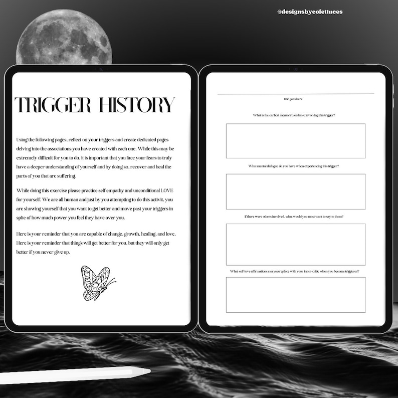 May include: A printable worksheet with the title "Trigger History" and a butterfly illustration. The worksheet is designed to help users identify and process their triggers.