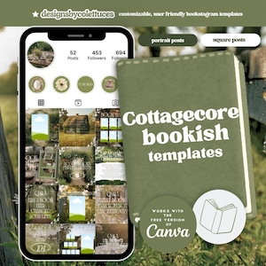 以下が含まれることがあります： 白い文字で「Cottagecore bookish templates」と書かれた緑色の本。本は、白いステッチの縁取りが施された緑色の背景で囲まれています。右下には、本のアイコンと「Works with the free version of Canva」という文字が書かれた白い円があります。
