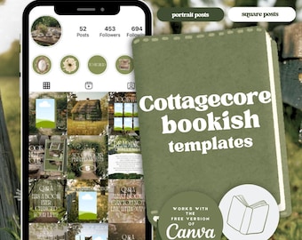 May include: A green book with the text "Cottagecore bookish templates" in white. The book is surrounded by a green background with a white stitched border. A white circle with a book icon and the text "Works with the free version of Canva" is in the bottom right corner.
