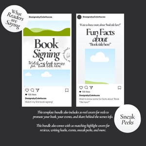 May include: Two Instagram post templates for promoting a book. The first post features a green landscape with clouds and the text "Book Signing" and "Watch my book signing for "book title here". The second post features a blue sky with clouds and the text "Fun Facts about "book title here". Both posts have a heart, comment, and share icon with the number of likes and the username "DesignsbyColettuces".