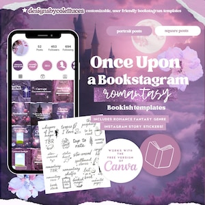 May include: A purple and pink digital illustration of a castle with a full moon in the background. The text "Once Upon a Bookstagram romantasy" is in the center of the image. The text "Bookish templates" is below the main text. The text "Includes Romance Fantasy Genre Instagram Story Stickers!" is below the title. The text "Works with the Free Version of Canva" is in the lower right corner of the image.