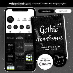 Puede incluir: Plantillas de Bookstagram en blanco y negro con un tema de academia gótica. Las plantillas presentan una calavera, una daga y un libro. El texto "Gothic Academia" está escrito en una fuente estilizada. El texto "Plantillas de Bookstagram" también está incluido. El texto "Funciona con la versión gratuita de Canva" está incluido.