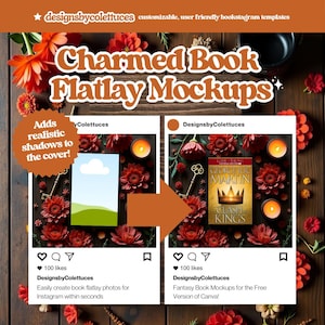 May include: An advertisement for "Charmed Book Flatlay Mockups" with two Instagram-style mockups. The mockups feature a book with a cover, surrounded by red flowers, keys, and candles. The text reads "Adds realistic shadows to the cover!"