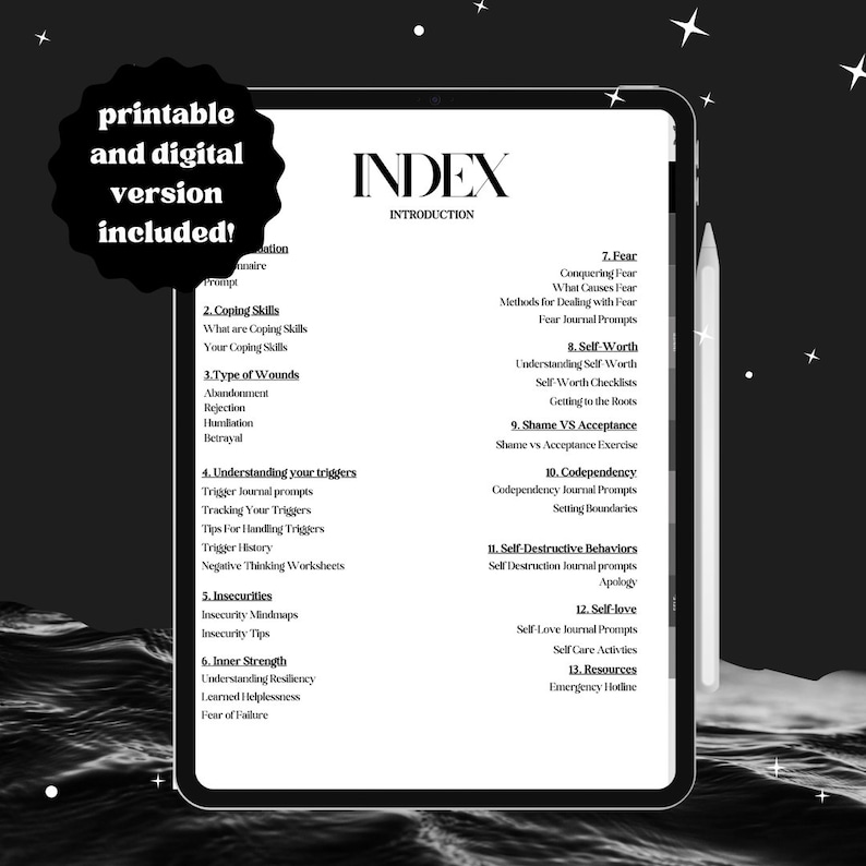 May include: A black and white digital printable index page with the title "INDEX" and the word "INTRODUCTION" below it. The index lists topics related to self-help and personal growth, including coping skills, types of wounds, understanding triggers, insecurities, inner strength, fear, self-worth, shame vs. acceptance, codependency, self-destructive behaviors, self-love, and resources.