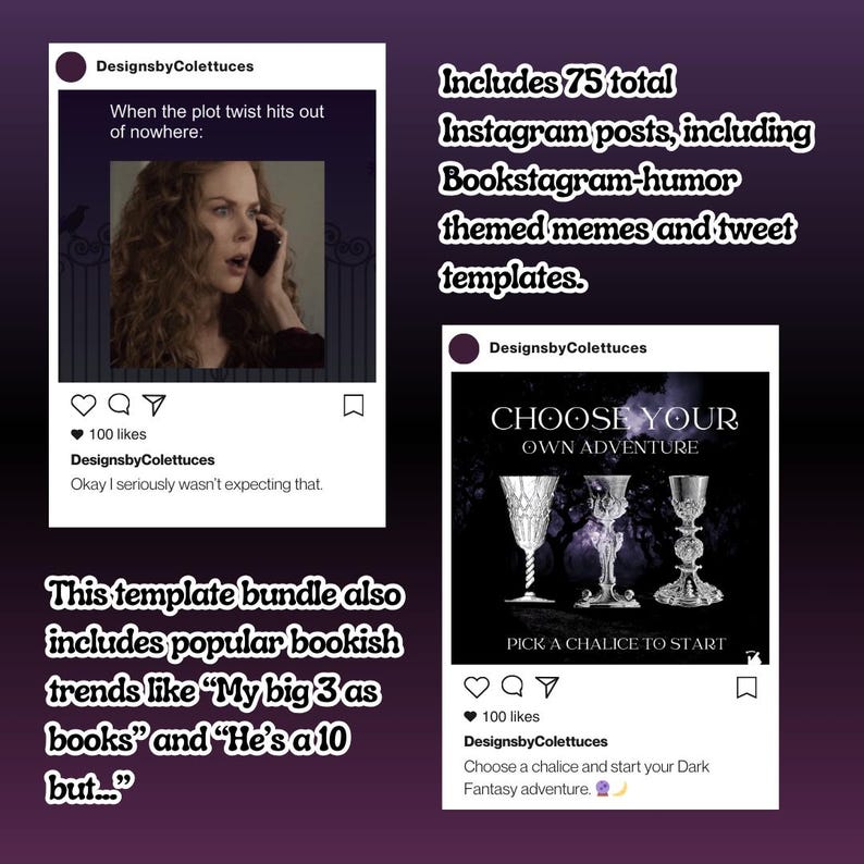 May include: Two Instagram post mockups with a purple background. The first post features a woman on a phone with the text "When the plot twist hits out of nowhere." The second post features a graphic of three chalices with the text "Choose Your Own Adventure" and "Pick a Chalice to Start".
