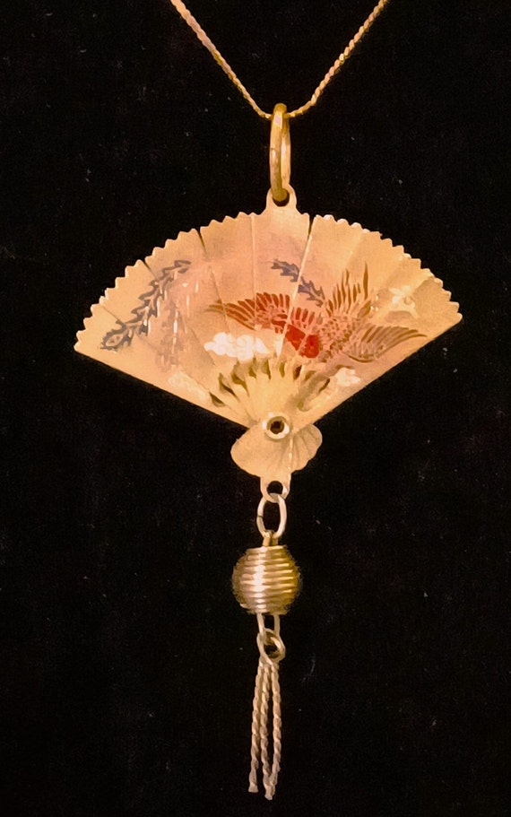 Vintage Asian Theme Articulated Folding Fan 14k It