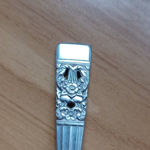 Puede incluir: Primer plano del mango adornado de una cuchara de plata. El mango está decorado con un diseño floral y tiene un acabado liso y pulido.