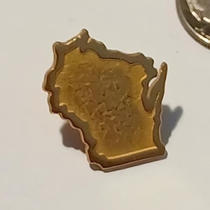 May include: A gold-colored pin in the shape of the state of Wisconsin. The pin has a textured, mosaic-like surface within the outline. The edges are a darker gold, creating a defined border. The pin is likely a souvenir or collectible item.