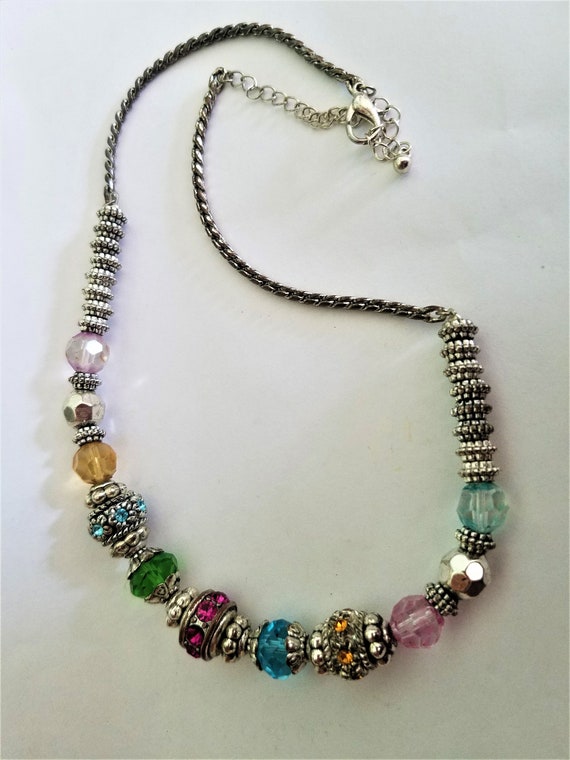 Multi-Color Rhinestone, Silver-Tone Necklace 17" … - image 2