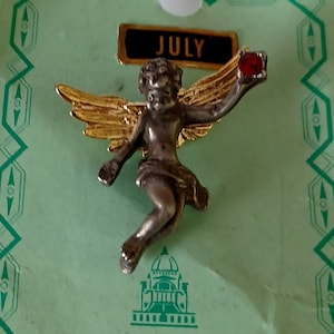 Guardian Angel Pewter Tone Gold Wings July Birthstone Ruby Lapel Hat Tie Pin Souvenir 1919