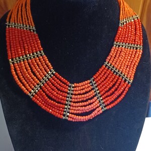 Vintage Beaded Coral Red Tone 10 Strand Brass Fittings Tribal Boho Bohemian Style Necklace image 1