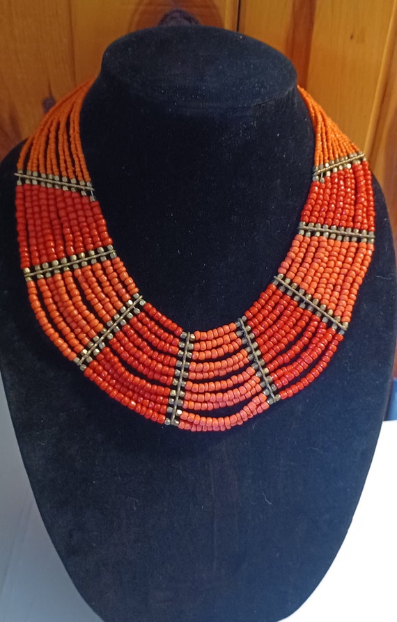 Vintage Beaded Coral Red Tone 10 Strand Brass Fittings Tribal Boho Bohemian Style Necklace