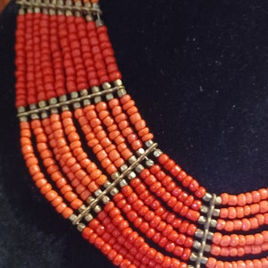 Vintage Beaded Coral Red Tone 10 Strand Brass Fittings Tribal Boho Bohemian Style Necklace image 3