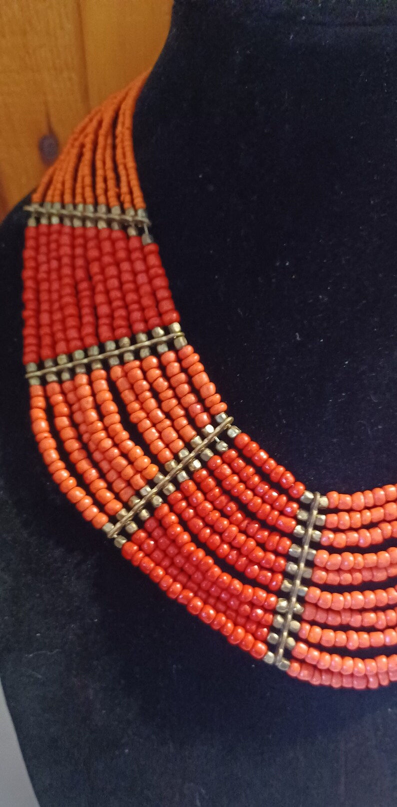 Vintage Beaded Coral Red Tone 10 Strand Brass Fittings Tribal Boho Bohemian Style Necklace image 3