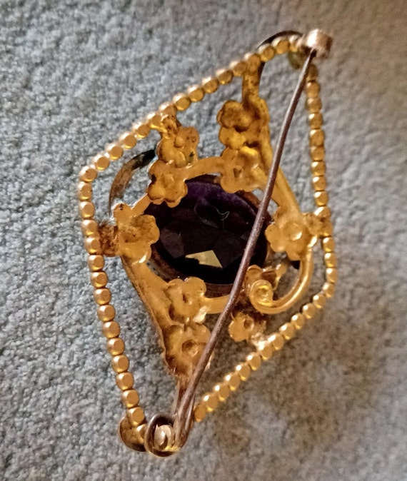 Antique Victorian Brass Bronze Tone Amethyst Face… - image 4