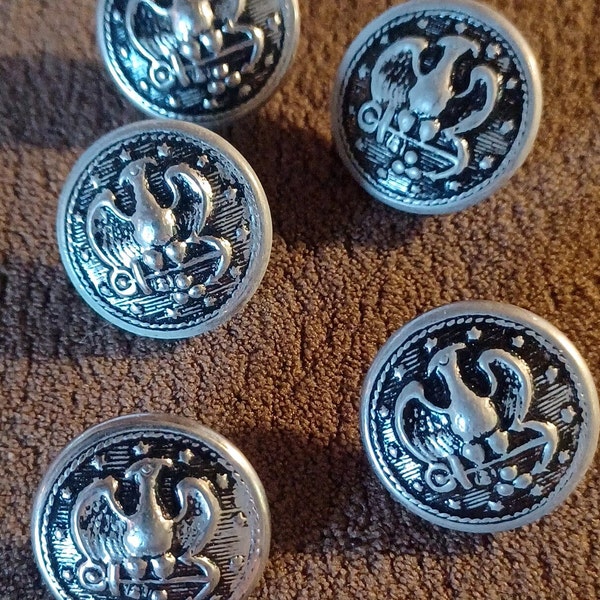 Vintage Lot of 5 Metal Eagle on Anchor Silver Tone Military Uniform Shank Buttons (5) 0055