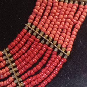 Vintage Beaded Coral Red Tone 10 Strand Brass Fittings Tribal Boho Bohemian Style Necklace image 4