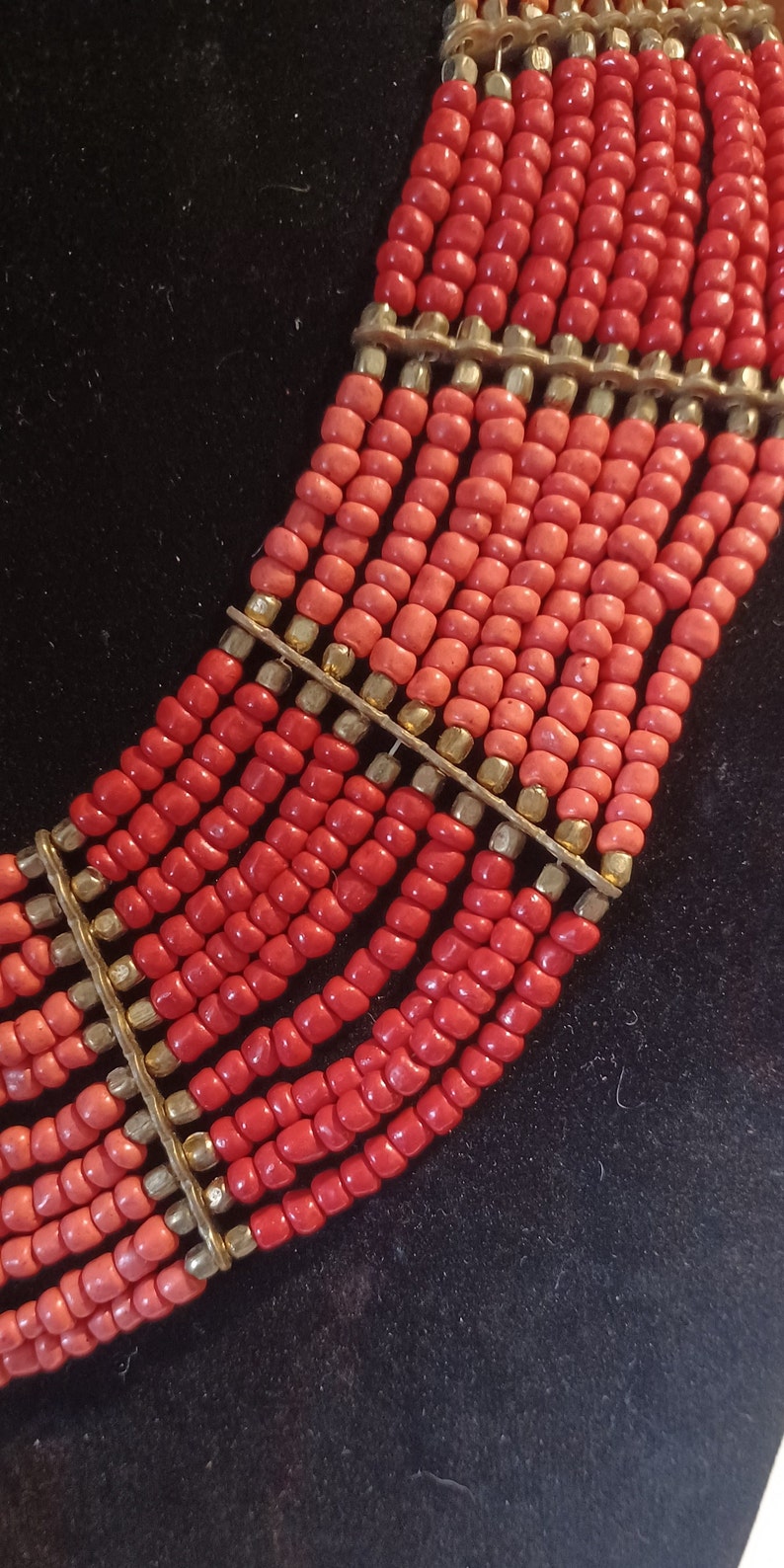 Vintage Beaded Coral Red Tone 10 Strand Brass Fittings Tribal Boho Bohemian Style Necklace image 4