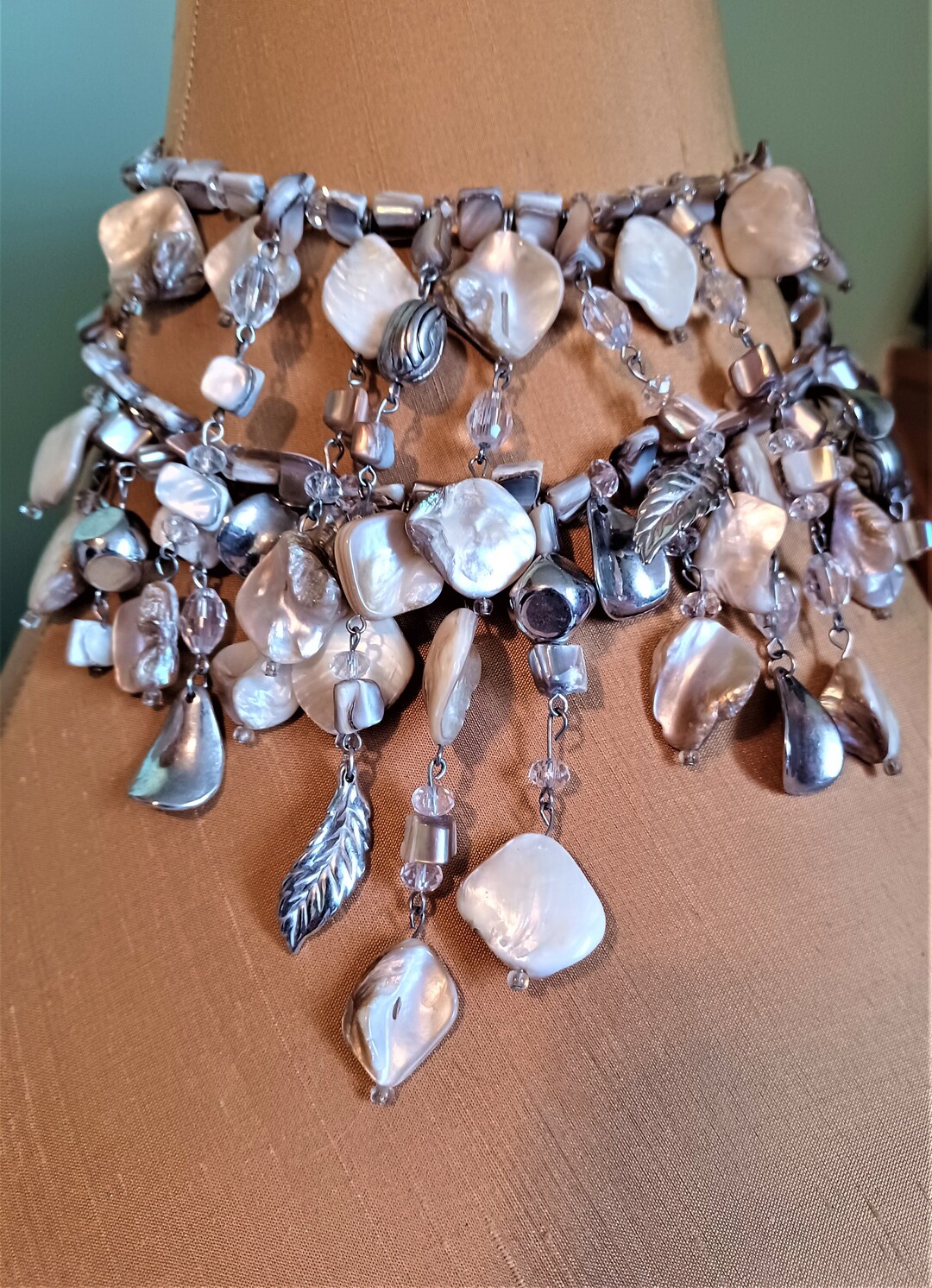 MOP Mother of Pearl Double Strand Clear Crystals Silver Tone Accents ...