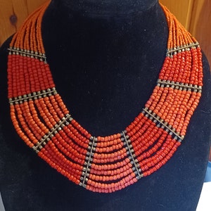 Vintage Beaded Coral Red Tone 10 Strand Brass Fittings Tribal Boho Bohemian Style Necklace image 2