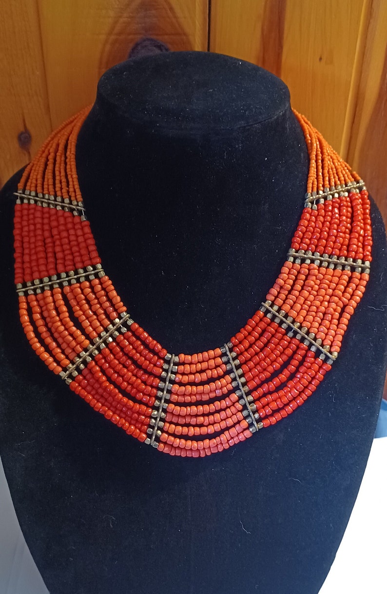 Vintage Beaded Coral Red Tone 10 Strand Brass Fittings Tribal Boho Bohemian Style Necklace image 2