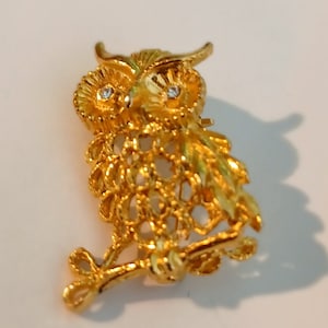 Gold Tone Owl with Rhinestone Eyes Brooch On Perch