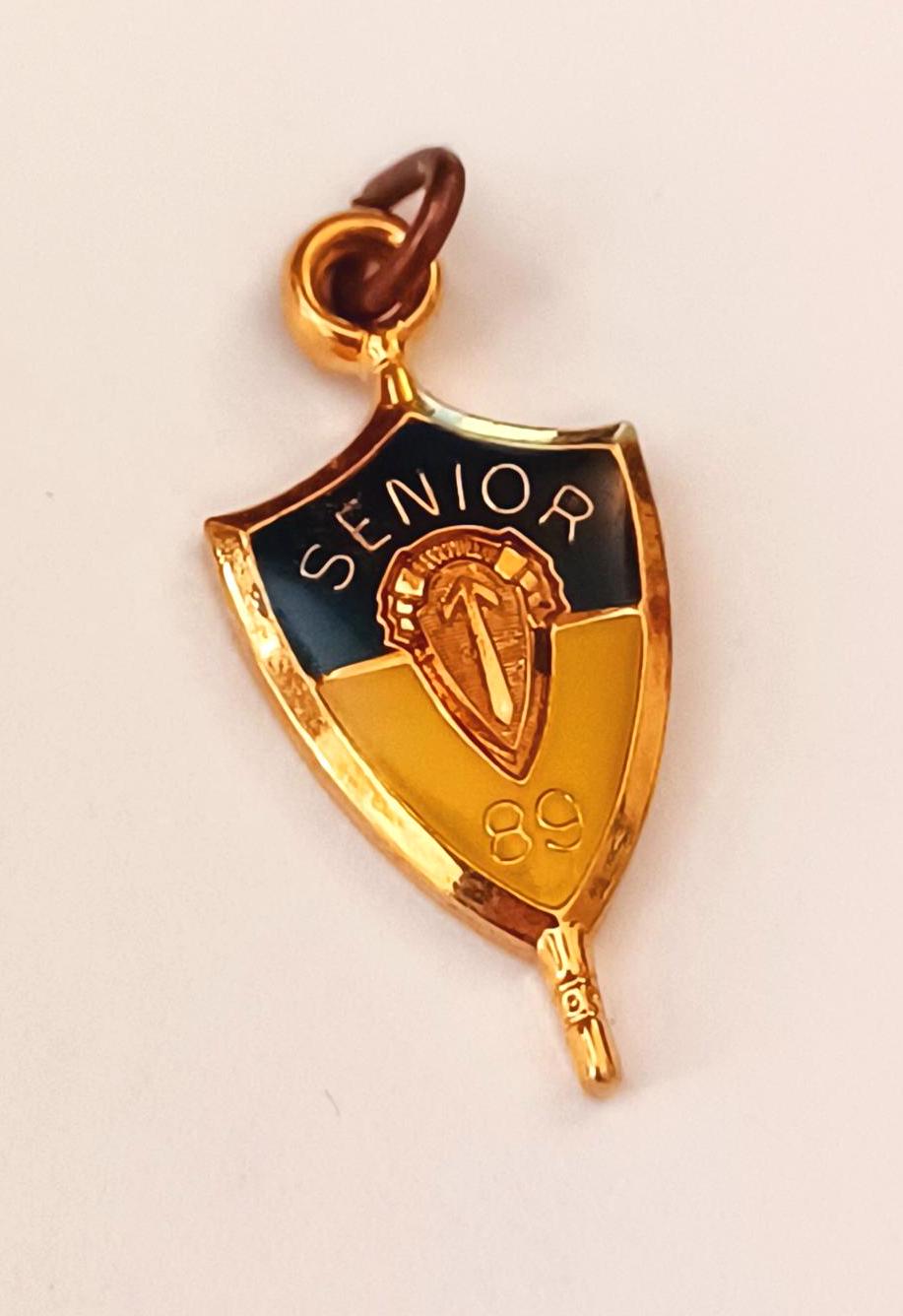 USA製1987年JOSTEN’S社⭐︎SENIORヴィンテージカレッジネックレス Vintage Scholastic Key Jostens Senior 1989 Blue Gold Pendant Charm