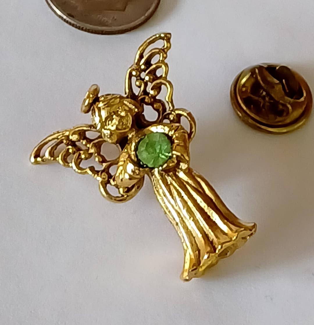 Guardian Angel Wings Halo Gold Tone Peridot Tone Rhinestone Birthstone ...