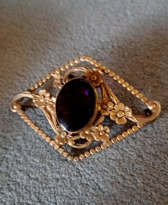 Antique Victorian Brass Bronze Tone Amethyst Face… - image 1