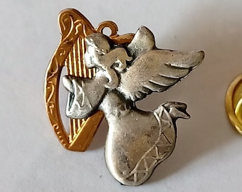 Gold Tone Silver Tone Guardian Angel Harp Wings Halo Lapel Hat Tie Pin Souvenir 1741