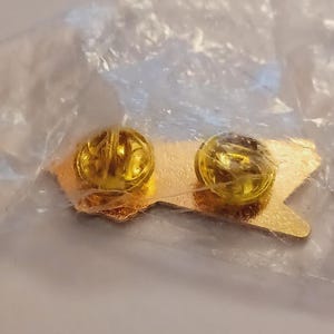 May include: Gold-colored metal pin with two backings. The pin is shaped like a stylized airplane with a pointed nose and swept wings.