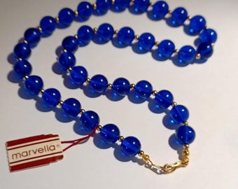 Vintage Marvella Cobalt Blue Lucite Gold Tone Beads Signed Original Tag Necklace