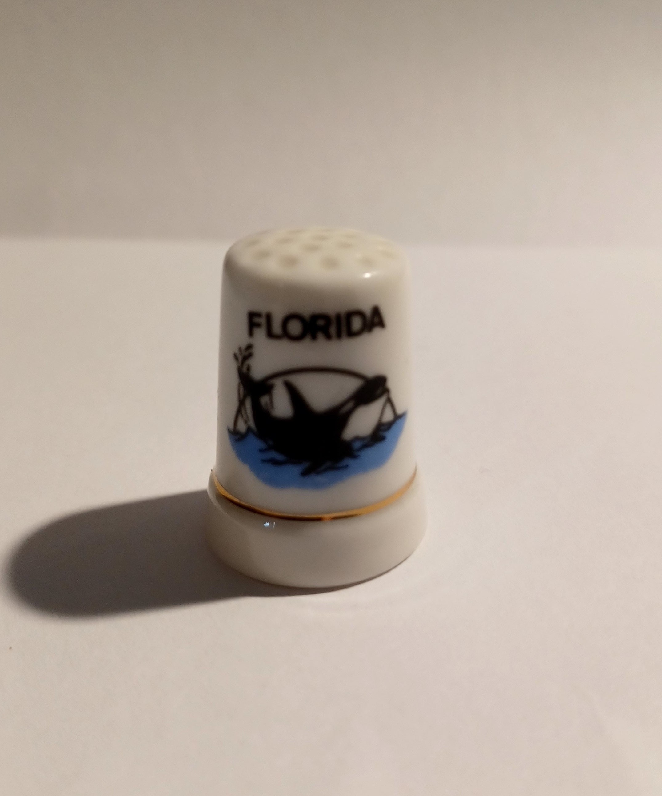 Vintage Porcelain Fine Bone China Florida Orca Whale Thimble Gold