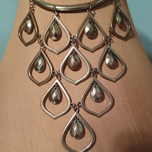 Brass Tone Bib Choker Necklace Diamond Beveled Brass Tone Type Jewels Adjustable Vintage BOHO