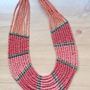 Vintage Beaded Coral Red Tone 10 Strand Brass Fittings Tribal Boho Bohemian Style Necklace image 5