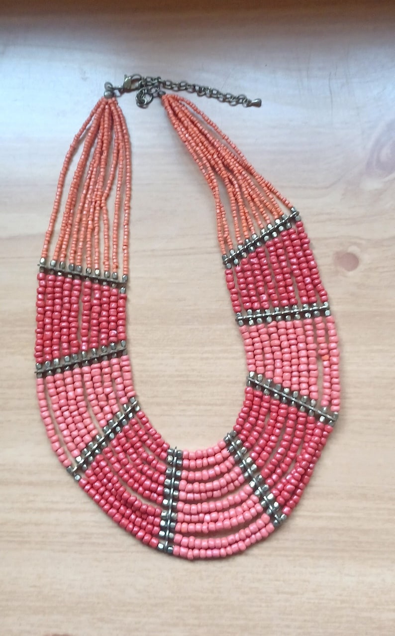 Vintage Beaded Coral Red Tone 10 Strand Brass Fittings Tribal Boho Bohemian Style Necklace image 5
