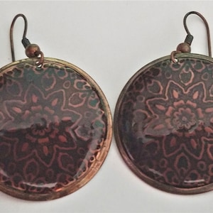 Copper Enameled Drop Pierced Earrings 1.25 Inches Aztec Influence