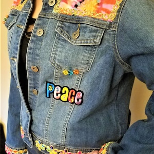 Relativity Jean Jacket PEACE Theme Upcycled Sz PXL