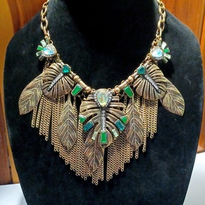 Bronze Brass Tone Green and Clear Rhinestones Faux Opal Chains Leafs Adustable Length Bib Style Necklace BEAUTIFUL
