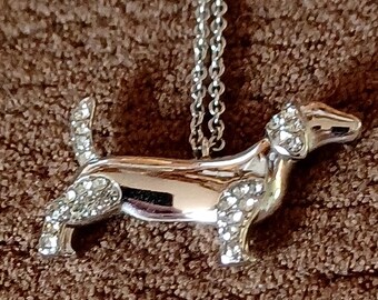 Vintage Napier (?) Silver Tone Clear Rhinestones Dachshund Dog Necklace