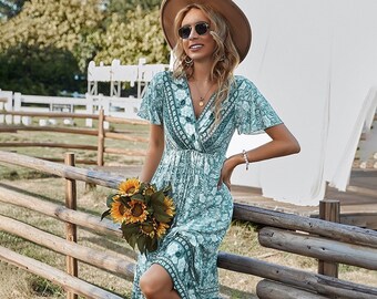 UK Summer Womens Boho Sleeveless Evening Party Beach Midi Dress Floral Sundress UK Summer Womens Boho Sleeveless Evening Party Beach Midi Dress Floral Sundress