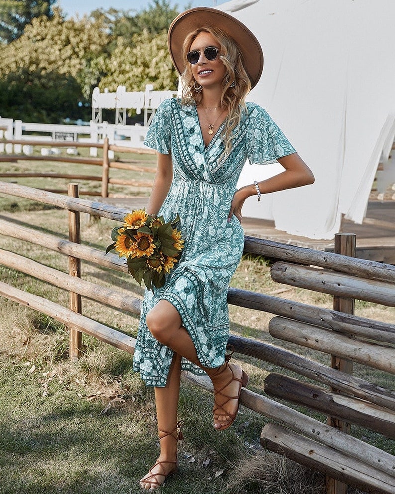 Bohemian Print Gathered Bust Midi Dress Boho Dresses for - Etsy