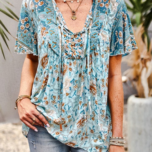 Bohemian Print Short Sleeve Women Summer Top Boho Shirt for - Etsy UK