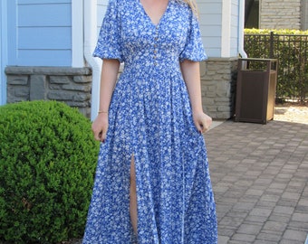 Robe longue longue à imprimé floral bleu, robe longue longue bohème pour femme, robe de mariée, robe de mariée bohème printanière - Robe d'été pour femme