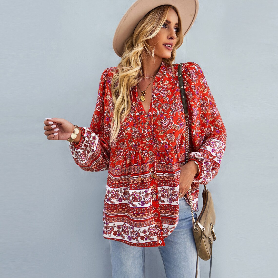 Bohemian Print Button-up Long Sleeve Top Boho Shirt for - Etsy