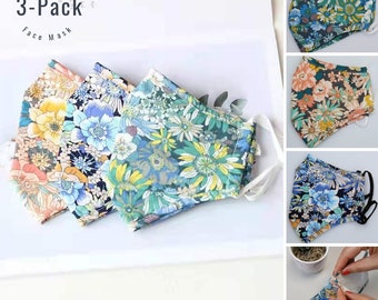 Face Mask Pack of 3 Set with Nose Wire Filter Pocket Cotton 3 layer | Reusable and Washable / Summer Floral Print Face Mask