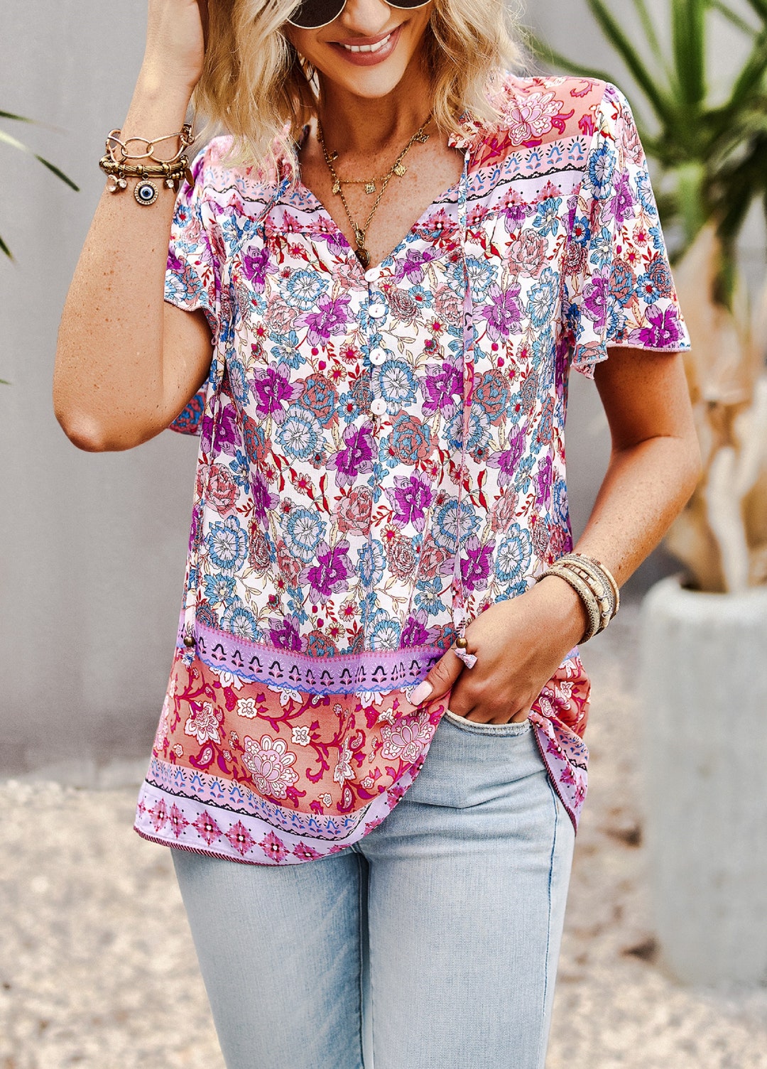 Bohemian Purple Print Half Button up Women Summer Top Summer Etsy