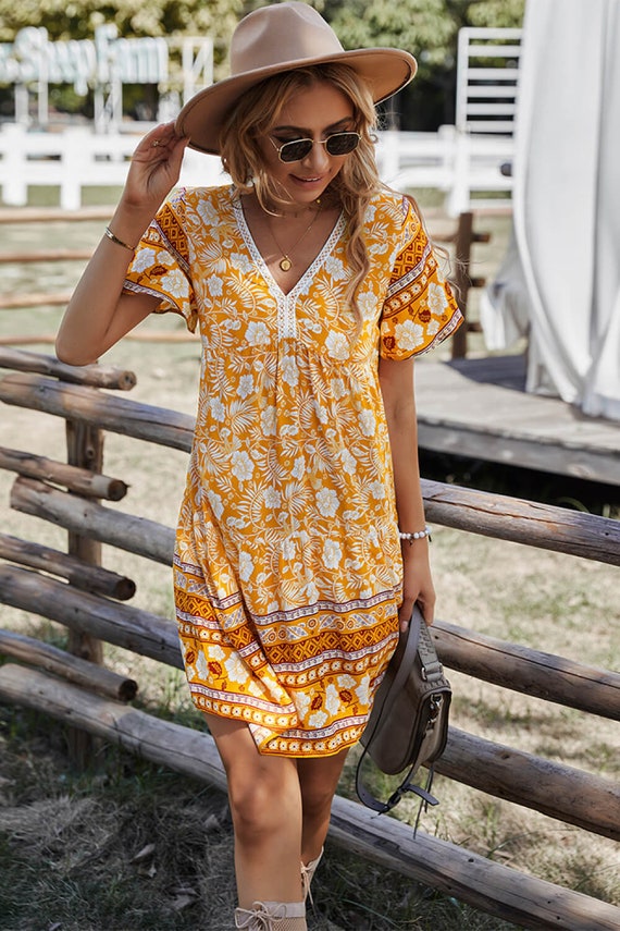Gathered Bust Mini Dress Boho Dresses 