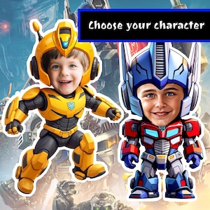 Pode incluir: Dois personagens de desenho animado, um amarelo e preto e outro vermelho, azul e preto, com rostos humanos. O texto "Escolha seu personagem" está no topo da imagem.