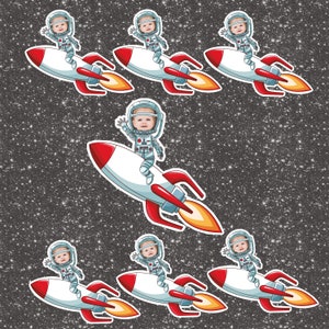 May include: Six illustrations of babies dressed as astronauts riding on red and white rockets with flames. The rockets are against a dark gray background with white speckles.